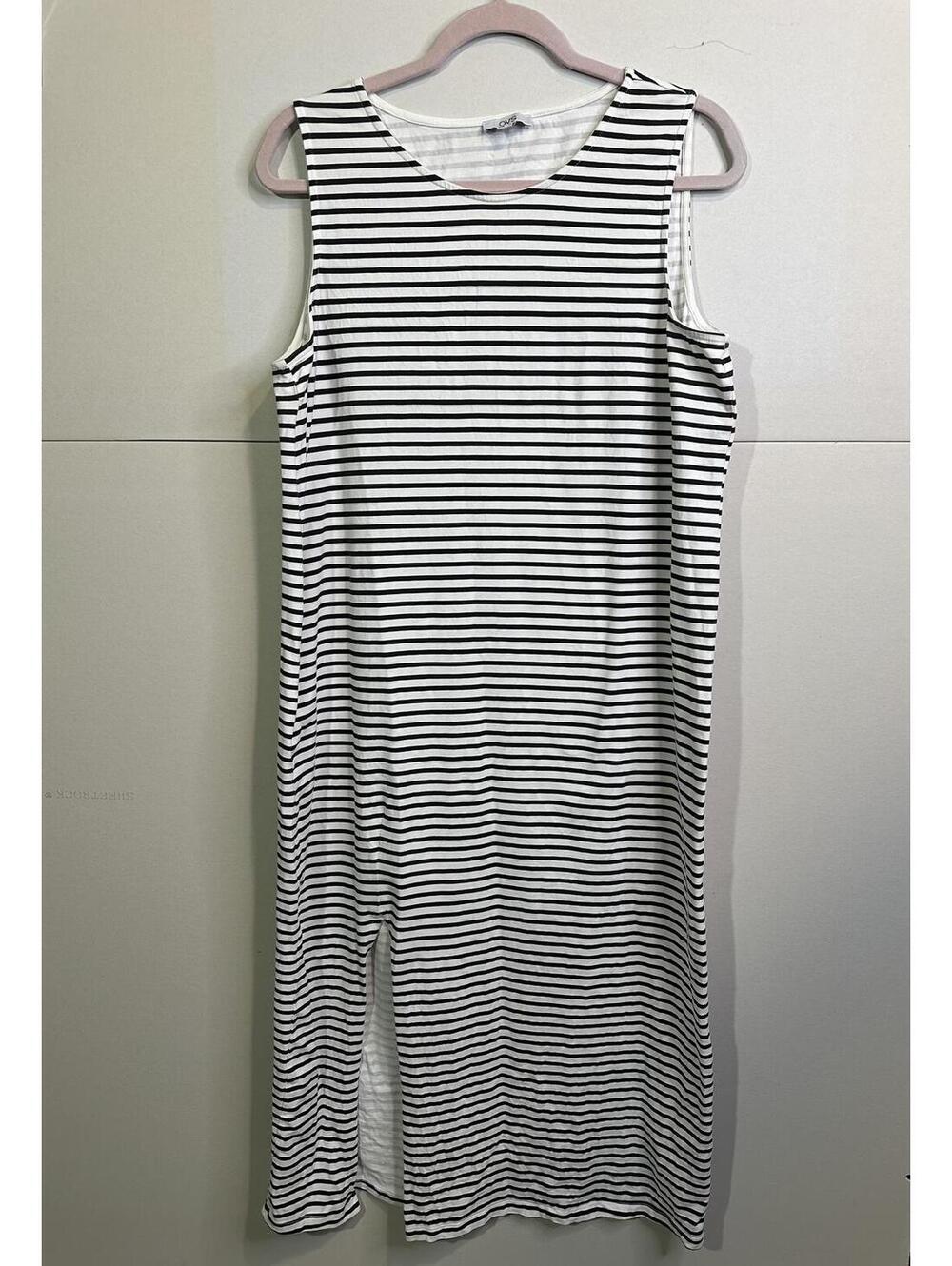 OVS Black White Striped Midi Dress XL Sleeveless Side Slit Stretch Casua